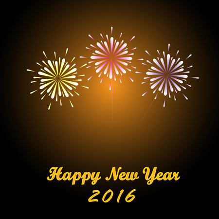 Bright festive fireworks with modern city skyscrapers at night background and Happy new year 2016のイラスト素材