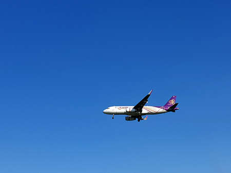 Samutprakan, Thailand on November 21, 2018 : View of Thai Airways landing at Suvarnabhumi Airport.