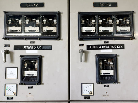 Two feeders of medium voltage protection relay panel : Electromechanical protection relay and analog meter on board, such as Overcurrent relay, Earth fault relay, and Amp meter, Watt-hour meter.の写真素材
