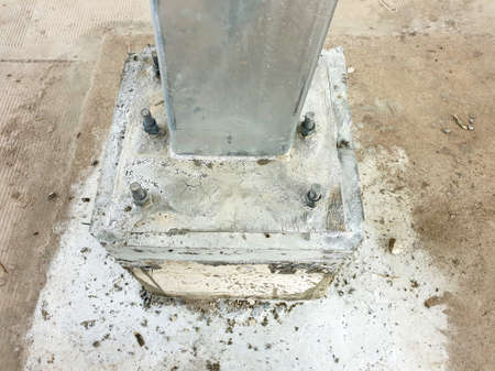 Base plate connection before grouting of a solar carport construction.の写真素材