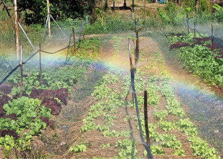 Beautiful rainbow in the spray of water springer at the Coral Lettuce organic farm.の写真素材