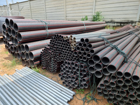 HDPE pipes and other at the site store area for electrical substation construction