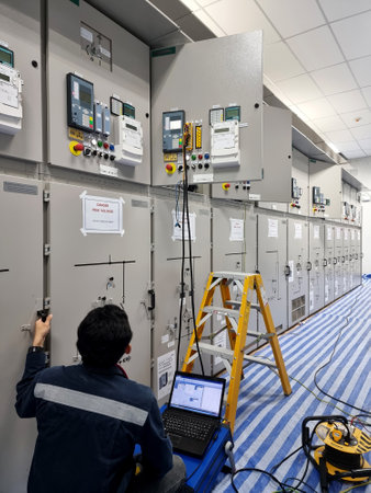 Protection relay function testing at 22kV switchgear by the commissioning engineer.