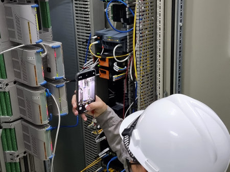The Engineer takes a photo Interface module of the DCS control system  panel