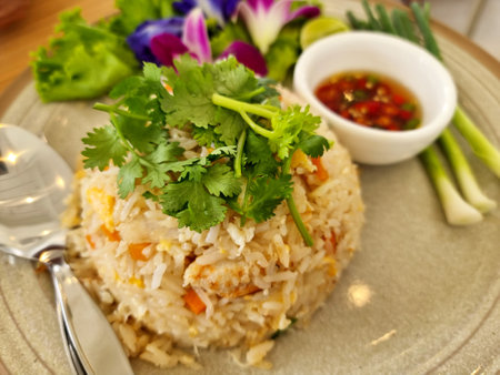 Crab meat fried rice with fish sauce on a plate.の写真素材