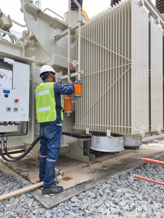 Vertical shot of Orange Silica Gel replacement activity by electrician for Silica Gel Breather at...