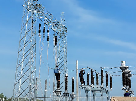 115kV power cable installation in the switchyard by an electrical worker.