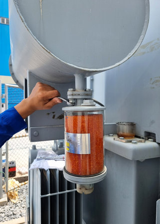 The vertical shot of transformer preventive maintenance, the orange silica gel replacement by...