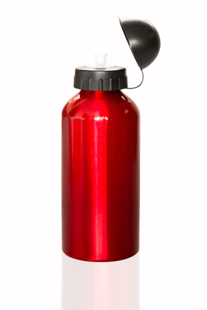 Red Aluminum bottle water isolated white backgroundの写真素材