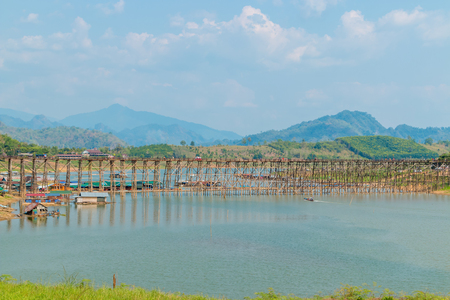 The old wooden bridge (MON BRIDGE) longest in Thailand. at Sangklaburi in Kanchanaburi, Thailandの写真素材
