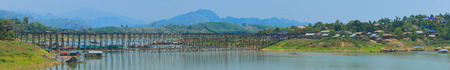 Panorama the old wooden bridge (MON BRIDGE) longest in Thailand. at Sangklaburi in Kanchanaburi, Thailandの写真素材