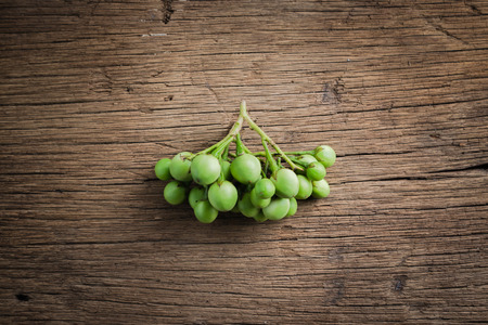Organic Pea Eggplant raw on old wooden tableの写真素材