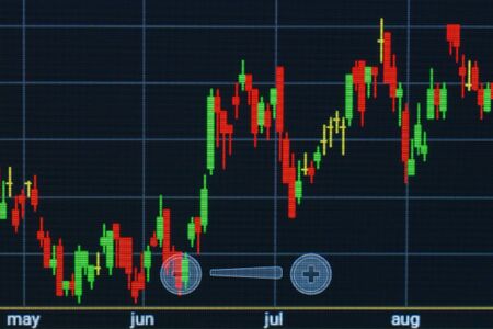 Graph for trading on stock market. Closeup photo.の写真素材