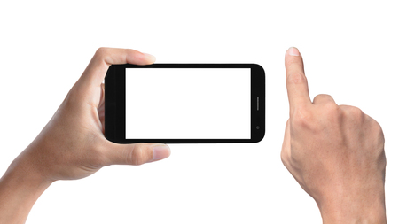 hand holding the smartphone and hand pointing finger isolated on white background.の写真素材