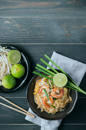 Thai food background Thai Fried Noodles "Pad Thai" with shrimp and vegetables. Thailand's national dishesの写真素材