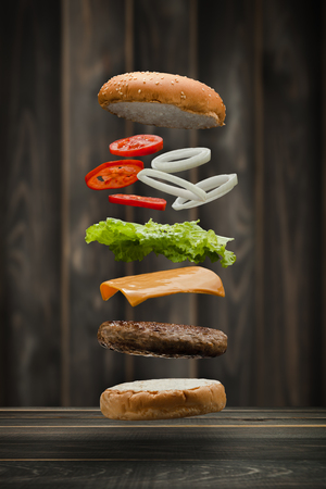 Tasty grilled beef Burger food Floating, food flying style.の写真素材