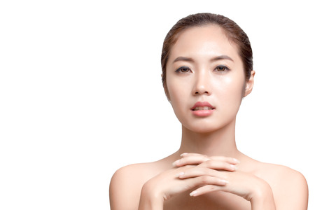 Beautiful woman beauty face portrait and perfect skin with empty copy space isolated on white.の写真素材