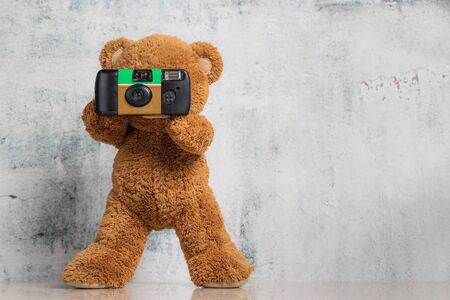 Cute Little teddy bear photographer on white background with copy spaceの写真素材