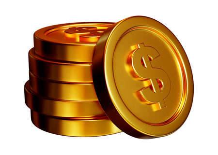Stack of dollar coin 3d rendering isolated on white backgroundの写真素材