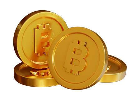 Stack of bitcoin coin 3d rendering isolated on white backgroundの写真素材