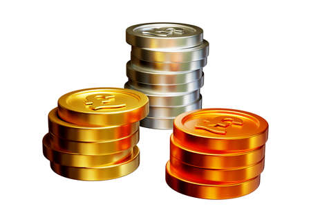 Stack of pound coin 3d rendering isolated on white backgroundの写真素材