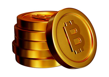 Stack of bitcoin coin 3d rendering isolated on white backgroundの写真素材