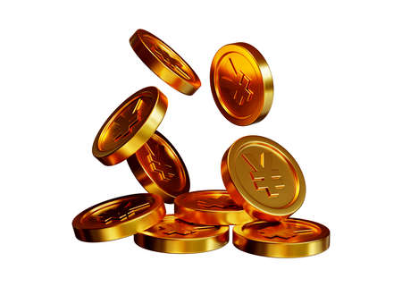 Stack of yen coin 3d rendering isolated on white backgroundの写真素材