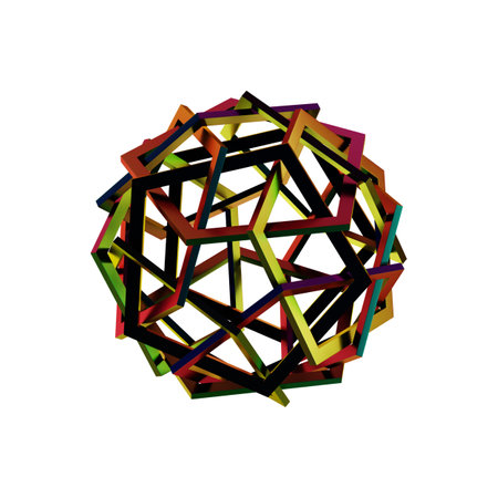 Abstract 3d rendering of chaotic multicolored geometric shape isolated on white background.の写真素材