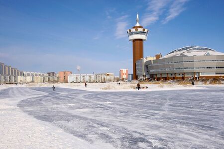 Children ride on ice. eのeditorial素材
