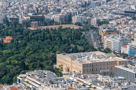 Looking down on the Greek Parliament building in Syntagma Square from the top of Mount Lycabetusの写真素材
