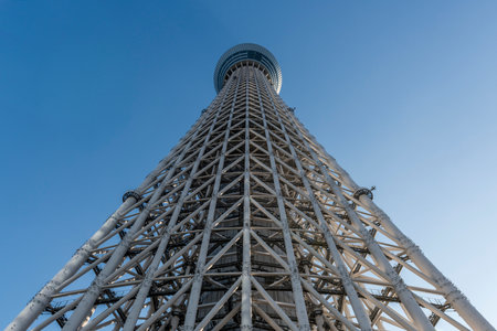 Tokyo Skytree landmark, the highest free standing broadcast tower in the world and the tallest structure in Japan at 634m from belowのeditorial素材