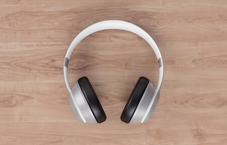 Headphones on wood background, 3d rendering