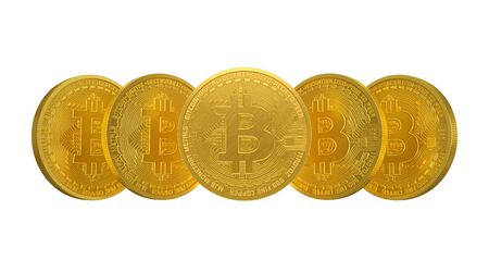 Golden bitcoin isolated on white background, 3d renderingの写真素材