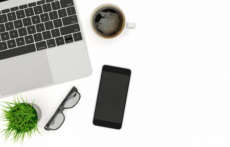 Laptop and smartphone on white table, top view with copy space, 3d illustrationの写真素材