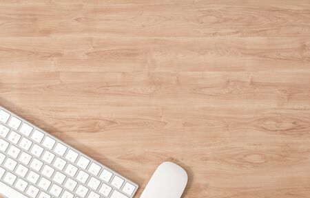 Keyboard and mouse on wooden table, top view with copy space, 3d illustration