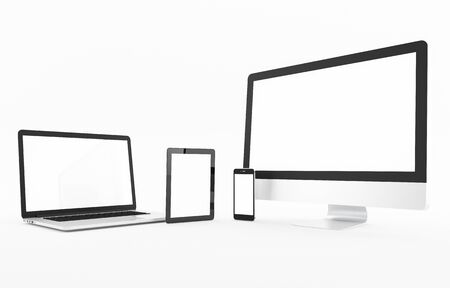 Computer, laptop, tablet, smartphone, display. on white background workspace mock up design illustration 3D renderingの写真素材