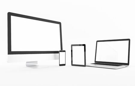 Computer, laptop, tablet, smartphone, display. on white background workspace mock up design illustration 3D renderingの写真素材