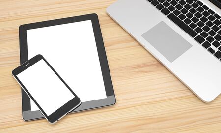 Blank Smartphone, tablet, computer laptop on wood table background, workspace, mock up, illustration...