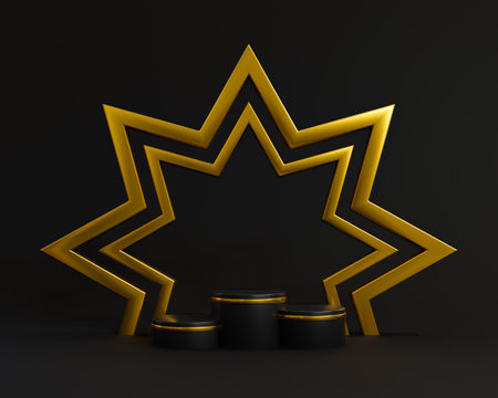 Black podium geometry with gold elements. empty showcase, pedestal platform display, 3d rendering.の写真素材