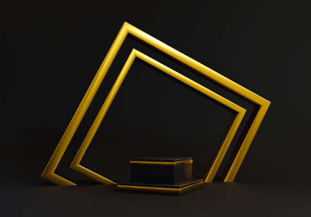 Black podium geometry with gold elements. empty showcase, pedestal platform display, 3d rendering.の写真素材