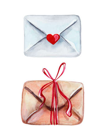 Mini set of two letters in watercolor. Illustration of love letter and retro letter giftの写真素材