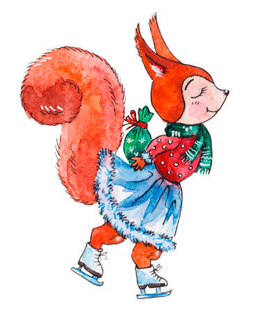 A cute winter squirrel on skates with a gift in her paws. Cartoon childrens illustration in watercolor. Suitable for postcards for Christmas, New Year, Valentine's Dayの写真素材