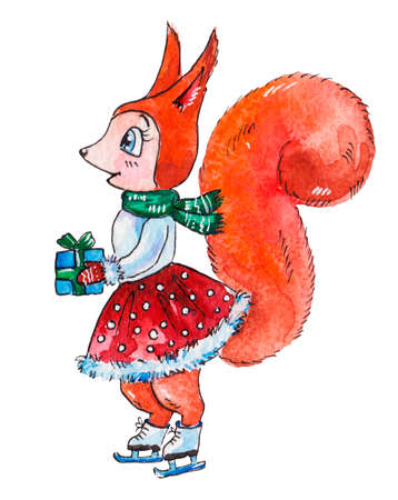 A cute winter squirrel on skates with a gift in her paws. Cartoon childrens illustration in watercolor. Suitable for postcards for Christmas, New Year, Valentine's Dayの写真素材