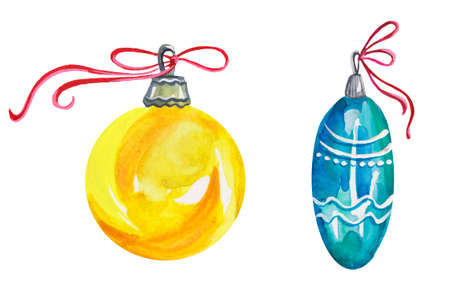Watercolor Christmas balls for a Christmas tree. Shiny blue and yellow jewelry with red ribbons tied with a bow.の写真素材