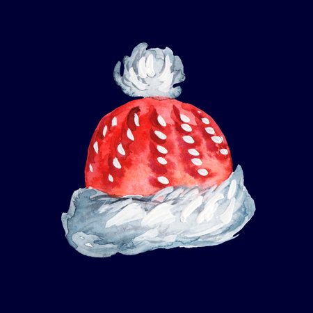 Knitted red hat with white fur and pompom. Watercolor illustration isolated on dark background.の写真素材