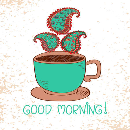 Morning cup of hot coffee with stylized Paisley steam. Bright vector illustration.のイラスト素材
