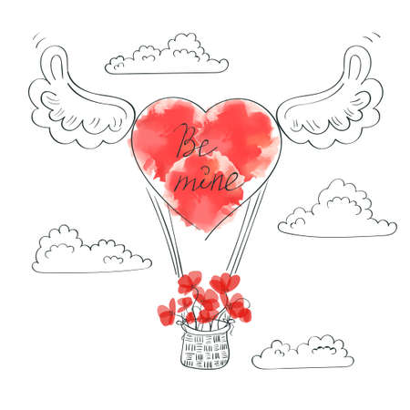 Valentines day background. Doodle illustration of balloon with red flowers.のイラスト素材