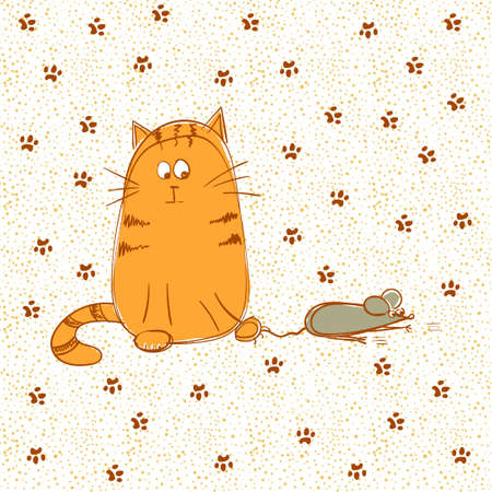Cat caught a mouse. Doodle illustration.のイラスト素材
