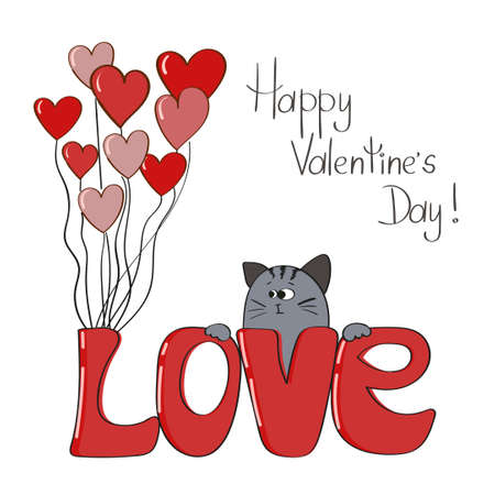 Cute cat with lettering - Love. Valentines card template, Romantic background.のイラスト素材