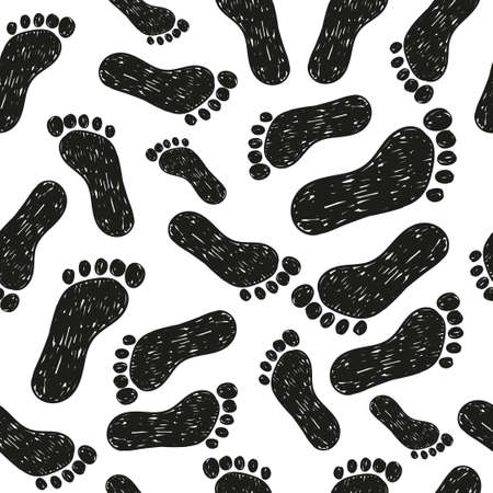 Black and white seamless pattern with doodle foot prints. Repeating background.のイラスト素材
